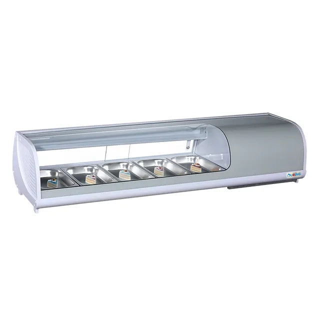 Cold display case with glass front on a white background