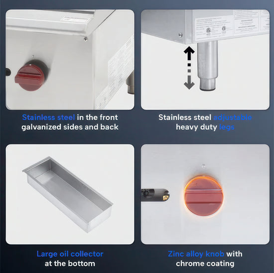 Product features with stainless steel components and a large oil collector.