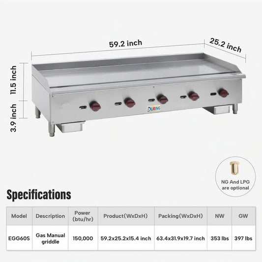 Gas manual griddle with dimensions and specifications on a white background