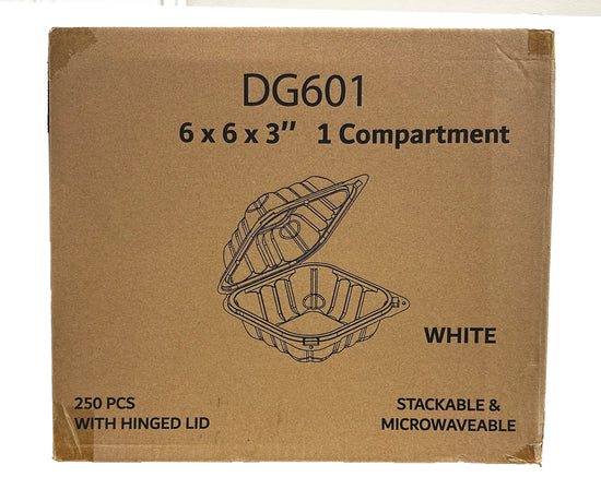 A white, 1-compartment microwaveable take-out container with a hinged lid. in box