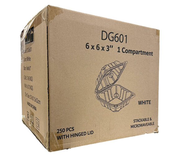 A white, 1-compartment microwaveable take-out container with a hinged lid. in box from another side