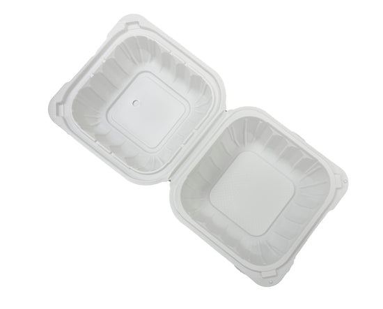A white, 1-compartment microwaveable take-out container with a hinged lid. from top