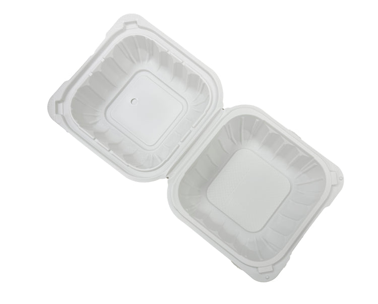 A white, 1-compartment microwaveable take-out container with a hinged lid. from top