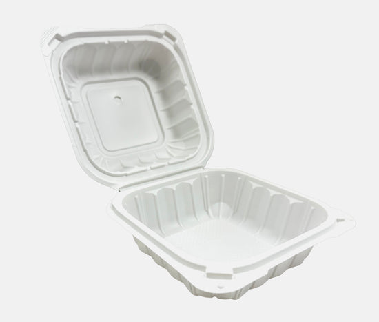 A white, 1-compartment microwaveable take-out container with a hinged lid. open