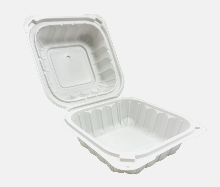 A white, 1-compartment microwaveable take-out container with a hinged lid. open