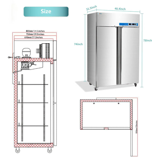 Stainless steel refrigerator with dimensions and layout diagram on a white background