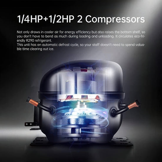 Compressor with text about energy efficiency and refrigeration on a dark background