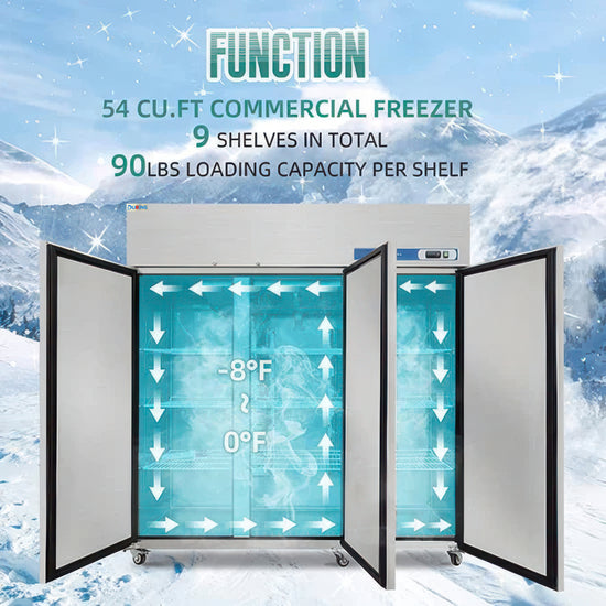 Commercial freezer with open doors showing temperature indicators against a snowy mountain background