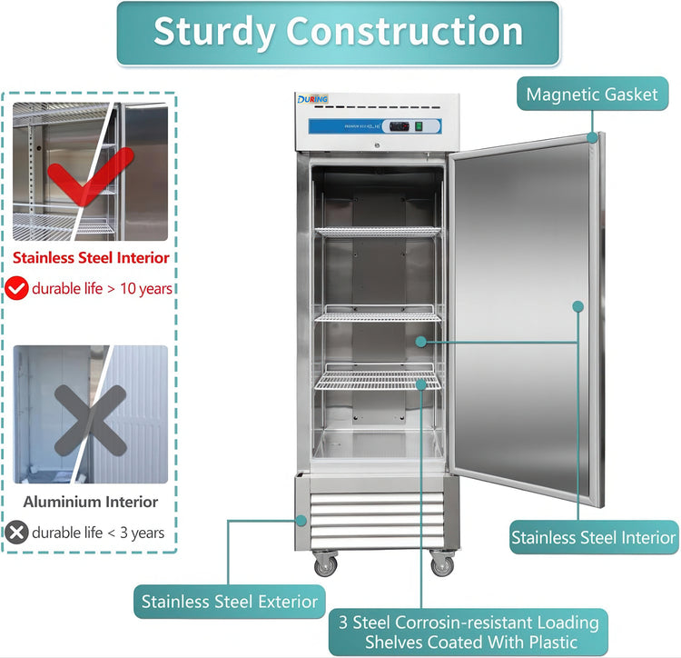 Stainless steel refrigerator with highlighted features on a white background