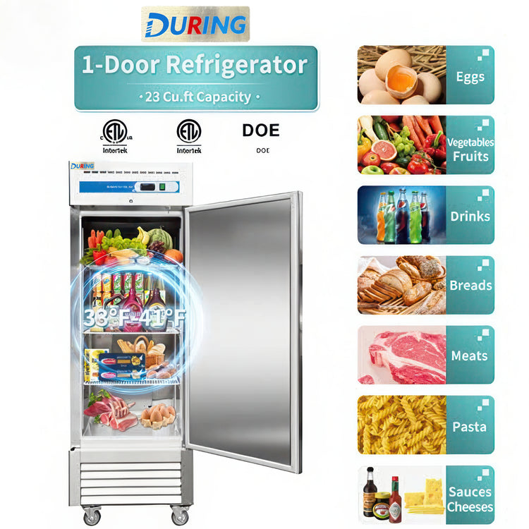 1-door refrigerator with open door showing food categories on a white background