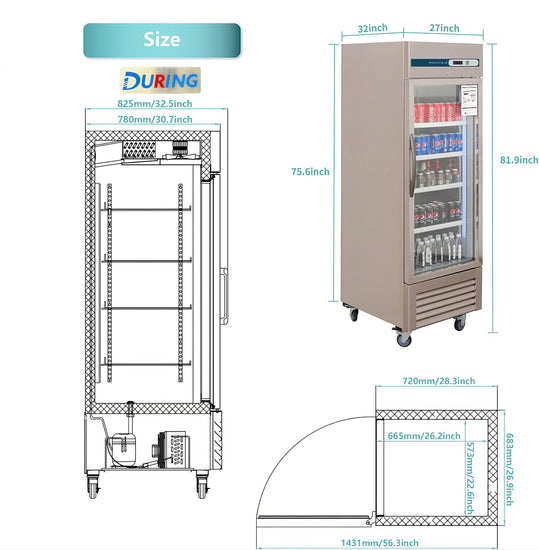 Measurement chart of a refrigerator with dimensions labeled, featuring the brand 'DURING'.