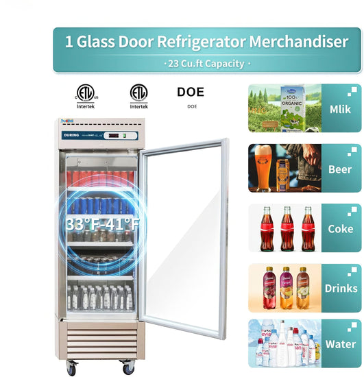Glass door refrigerator merchandiser with product categories displayed on a white background