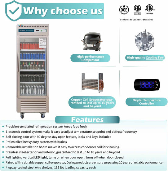 Refrigeration unit with features listed on a white background