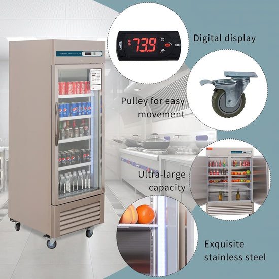 Commercial refrigerator with features highlighted on a blue background