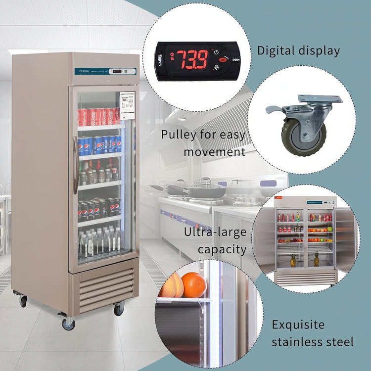 Commercial refrigerator with features highlighted on a blue background