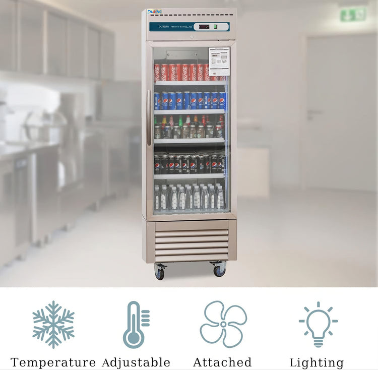 Commercial refrigerator with drinks inside in a kitchen setting