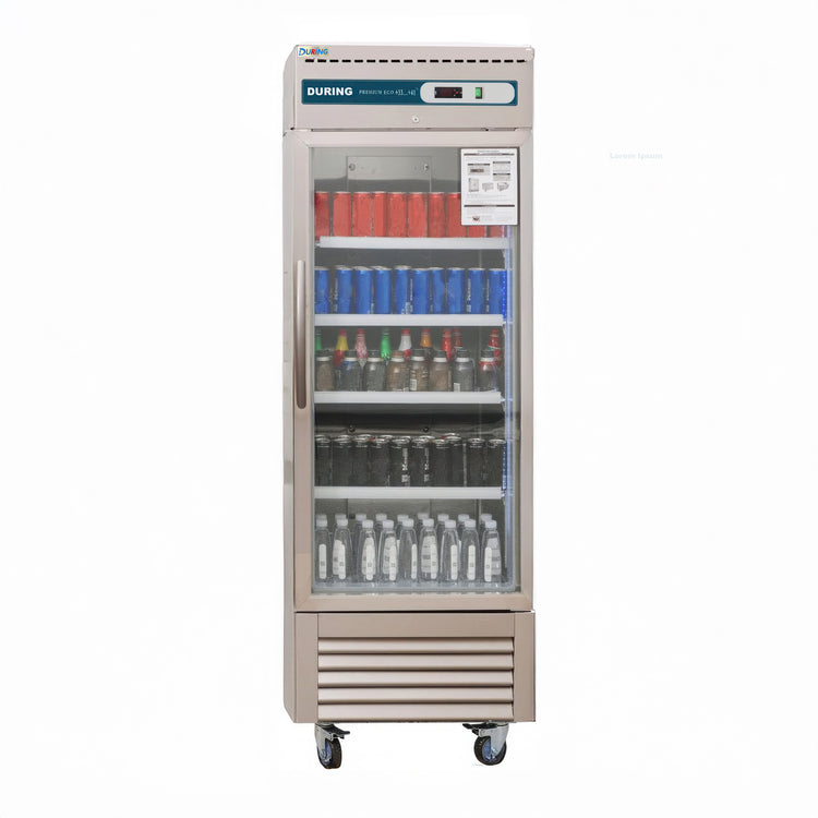 Commercial refrigerator with glass door displaying various bottles on a white background