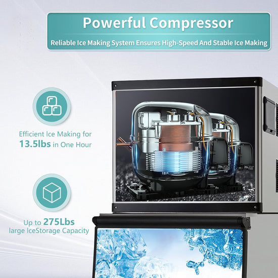 Ice maker with a powerful compressor and ice storage capacity details on a white background