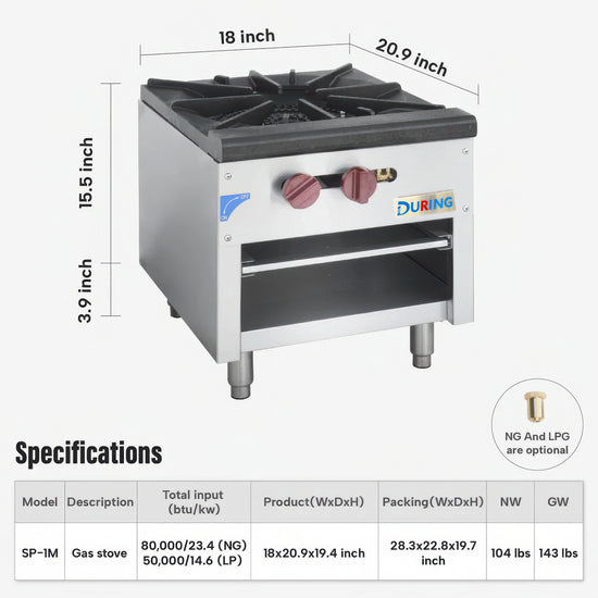 Gas stove with dimensions and specifications on a white background
