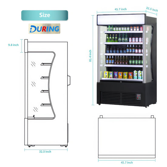 Vending machine with dimensions and a diagram of its layout