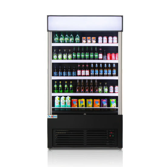 Vending machine stocked with various drinks on a white background