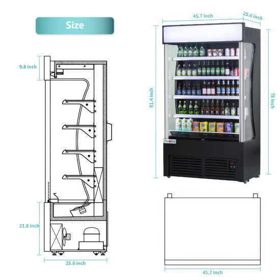 Vending machine with dimensions and layout diagram on a white background