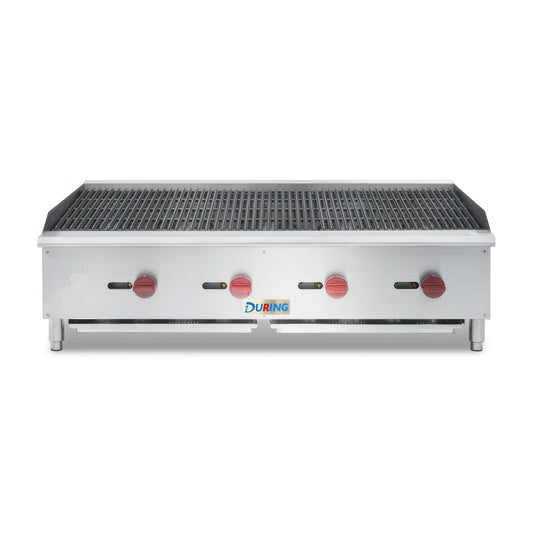 Stainless steel griddle with red burners on a white background, featuring the DURING brand.