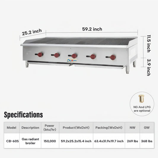Gas radiant broiler with dimensions and specifications on a white background