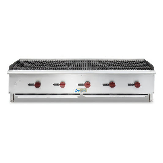 Commercial grill with control knobs on a white background