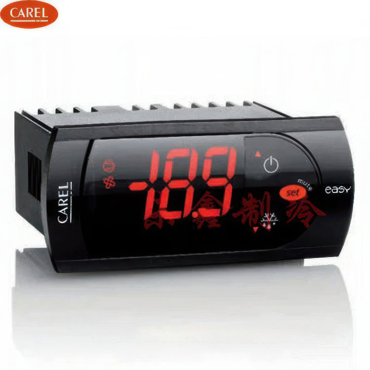Carel temperature controller with digital display on a white background