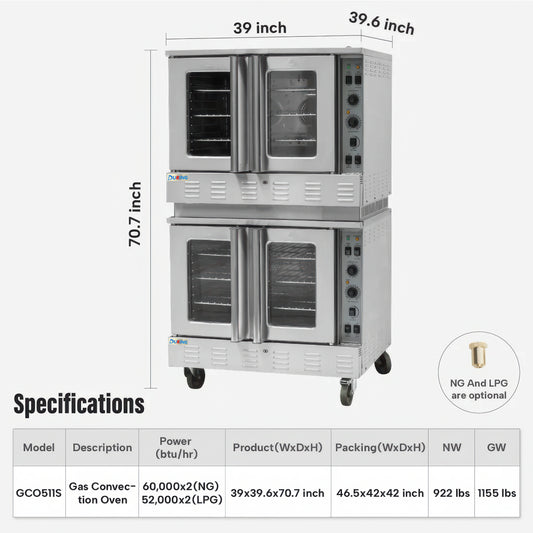 Double decker gas convection oven with dimensions and specifications on a white background