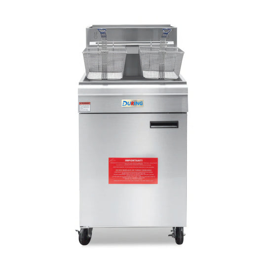 Stainless steel deep fryer with two baskets on a white background