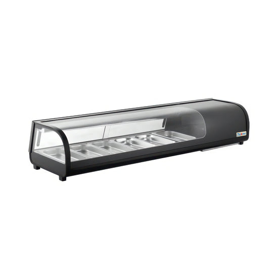 Black display case with glass top on a white background