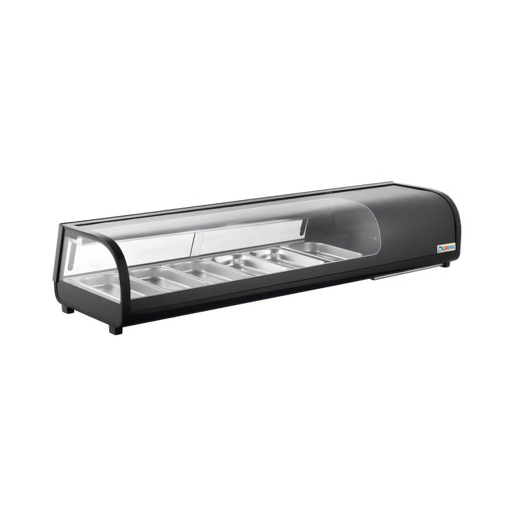 Black display case with glass top on a white background