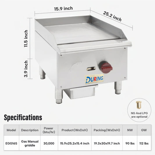 Gas manual griddle with dimensions and specifications on a white background