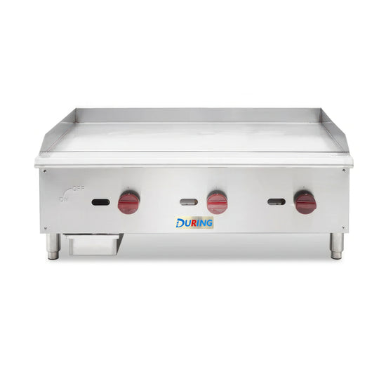 Stainless steel griddle with DURING logo on a white background