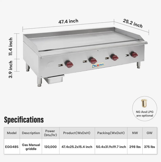 Stainless steel griddle with dimensions and specifications on a white background