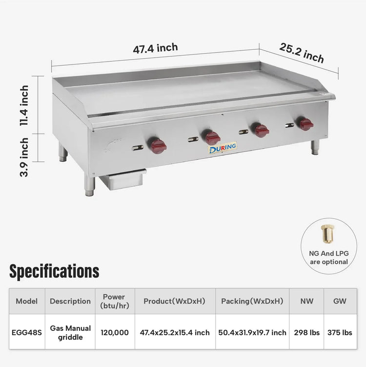 Stainless steel griddle with dimensions and specifications on a white background
