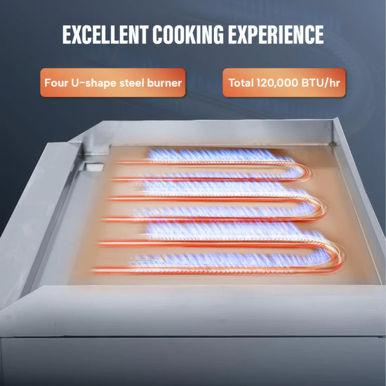 Stainless steel cooktop with U-shaped burners and text highlighting cooking experience and specifications.