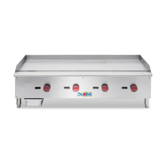 Stainless steel griddle with DURING branding on a white background