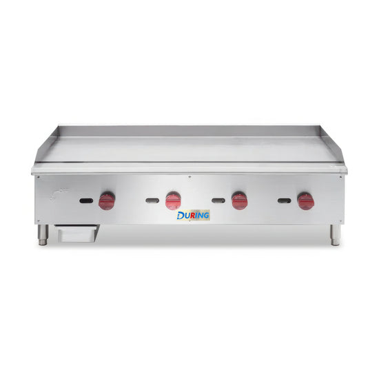 Stainless steel griddle with DURING branding on a white background