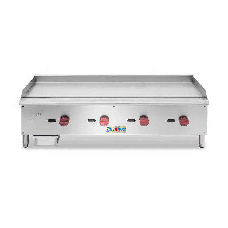 Stainless steel griddle with DURING branding on a white background