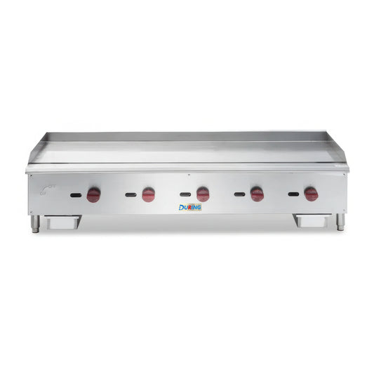 Stainless steel griddle with Dukers branding on a white background