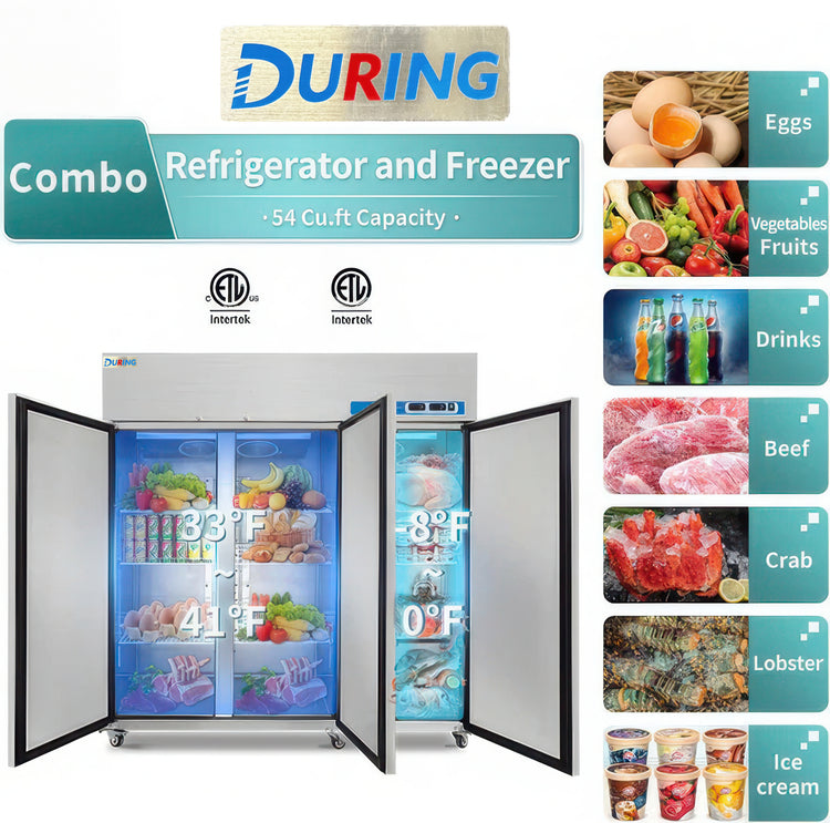 DURING combo refrigerator and freezer with open doors displaying various food items, surrounded by category icons.