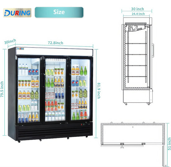 DURING commercial refrigerator with dimensions and product layout diagram