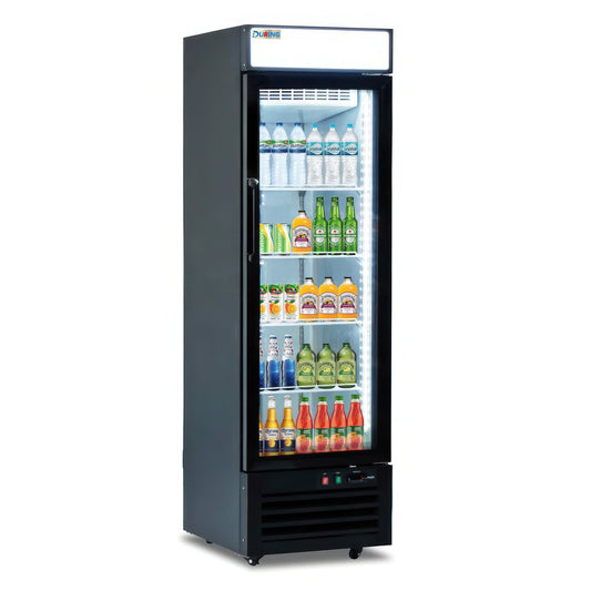 Black refrigerator with glass door displaying various bottles on a white background