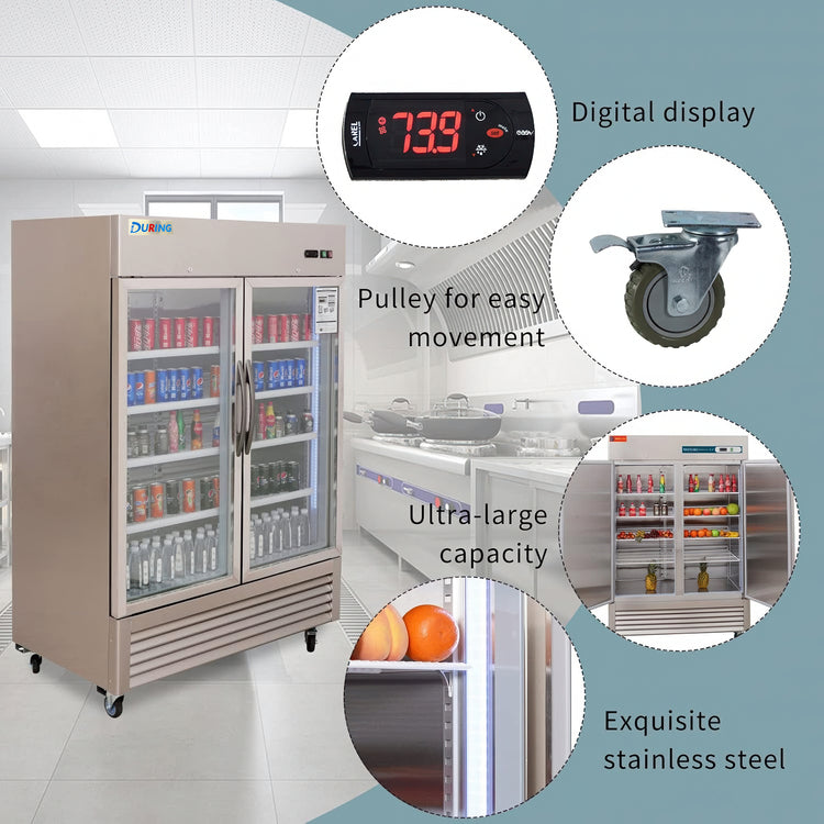 Commercial refrigerator with features highlighted on a blue background