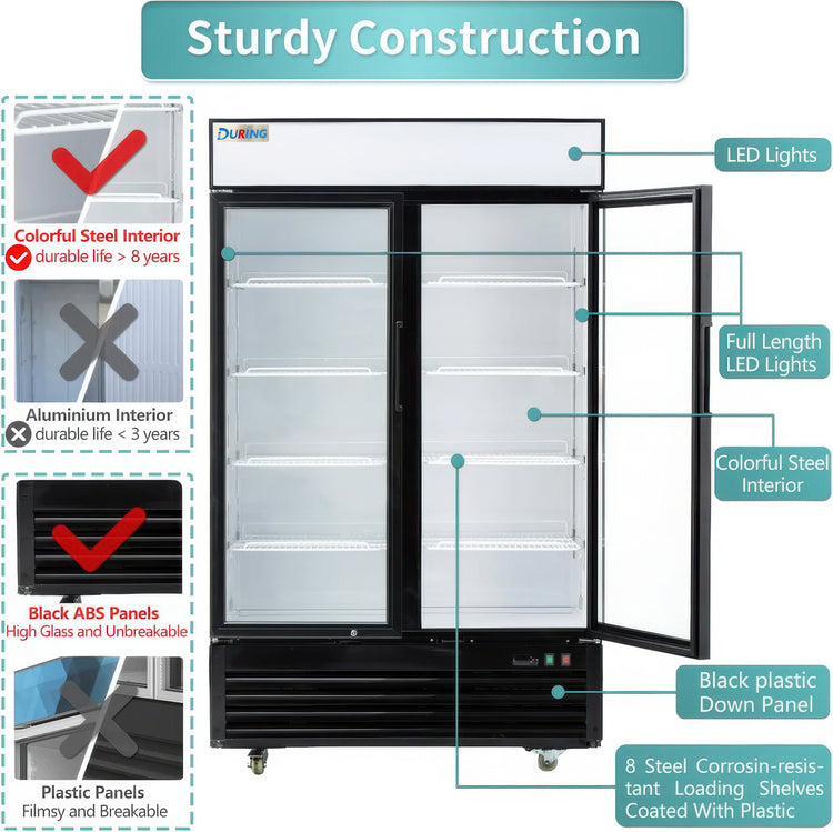 Fridge with labeled features on a white background