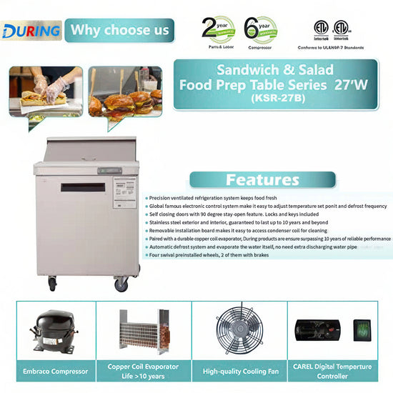 Sandwich & Salad Food Prep Table with features listed on a promotional graphic