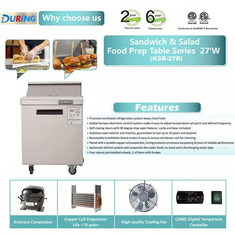 Sandwich & Salad Food Prep Table with features listed on a promotional graphic